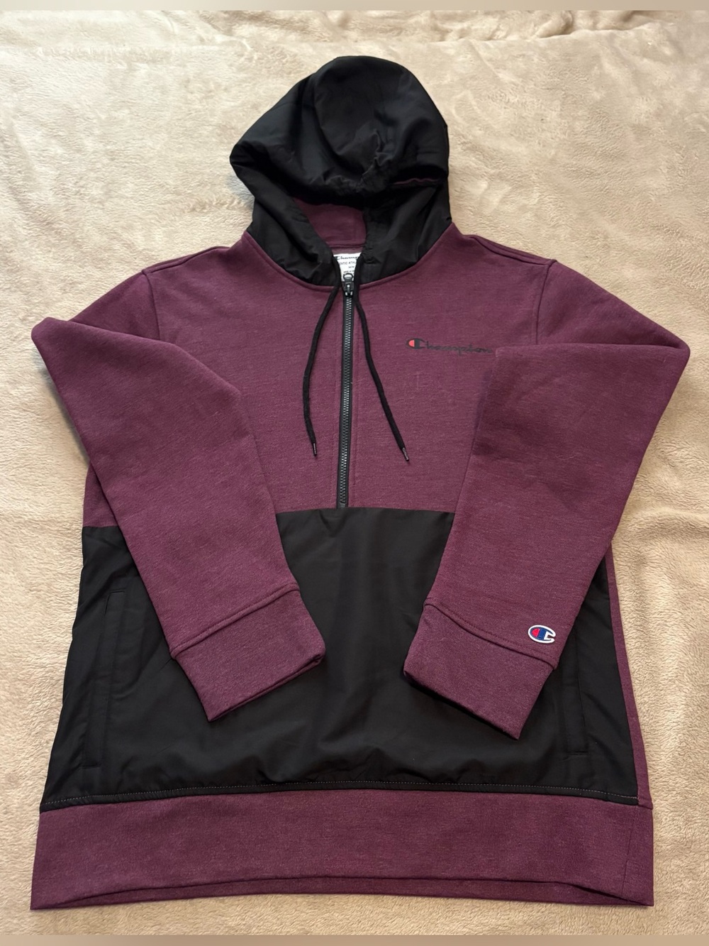 Champion Plum and Black Fleece Woven-Mix Two‑Tone Half‑Zip Hoodie – Men’s M